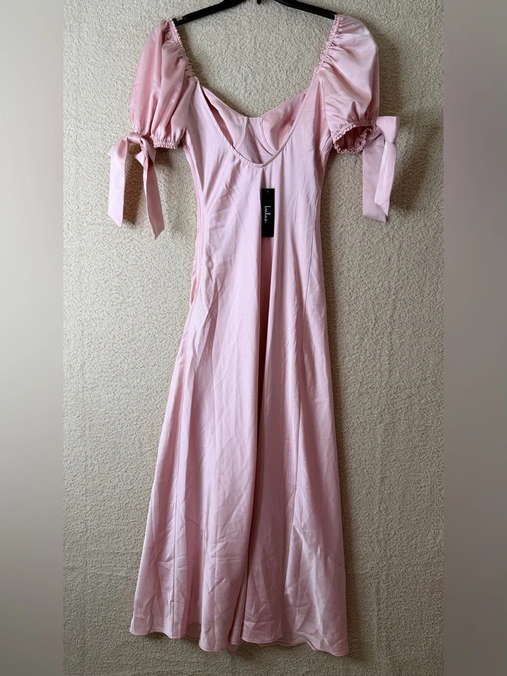 Lulus Santa Marta Blush Pink Satin Puff Sleeve Bow Maxi Dress Size S NWT